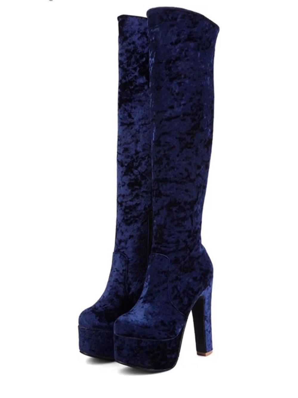 NWOT Womens Knee High Platform Boots Blue Velvet Chunky Heel Round Toe Ladies